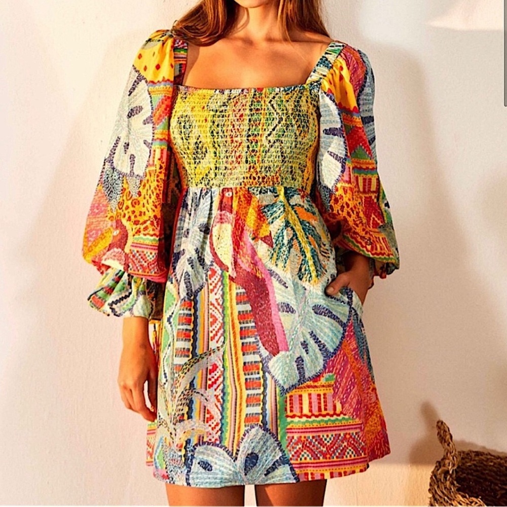 FARM Rio Multicolor Smocked Midi Dress in Yellow, Green, Pink, Blue